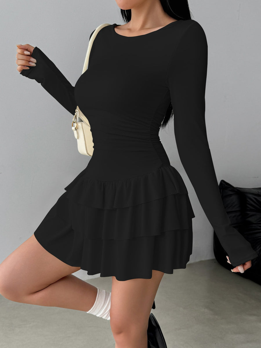 Layered Ruffle Long Sleeve Mini Dress in Apricot with layered