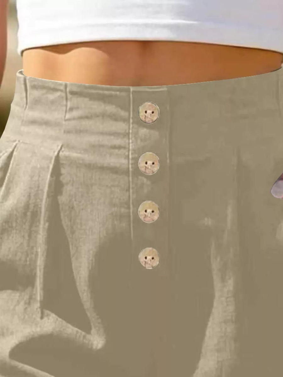 Button Fly High Waist Shorts in Army Green with button-front