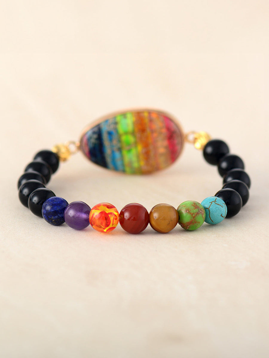 Prismatic bead & stone bracelet with black agate and multicolor chakra stones.