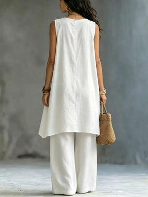 White asymmetrical sleeveless top and wide-leg pants set, polyester