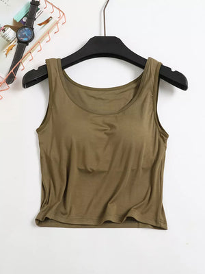 Army green modal padded tank top with scoop neckline.