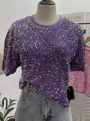 Purple iridescent sequin embellished t-shirt with crew neck and short sleeves.
