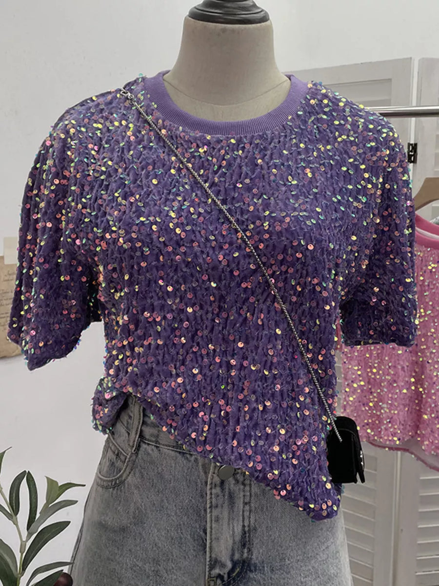 Purple iridescent sequin embellished t-shirt with crew neck and short sleeves.