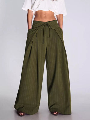 Green wide-leg pants featuring pocketed and striped