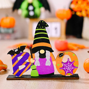 Spooky Scene Halloween Tabletop Duo with gnome, bat, spider, and pumpkins.