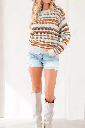 Striped Geometric Pattern Sweater in Khaki