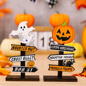 Spooky signpost decor with ghost and pumpkin, featuring Halloween destinations like Haunted Hwy and Candy Warehouse.