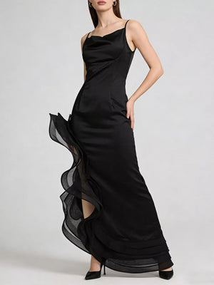 Black Spaghetti Strap Ruffle Slit Maxi Dress