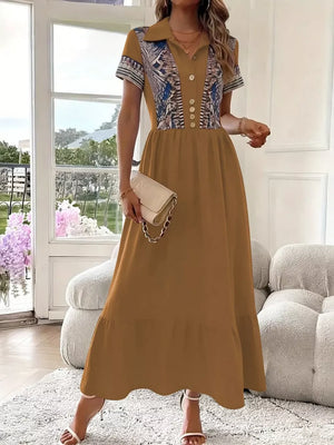 maxi dress in burgundy with geometric and buttoned