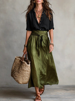 Black shirt and skirt set with maxi and button-front