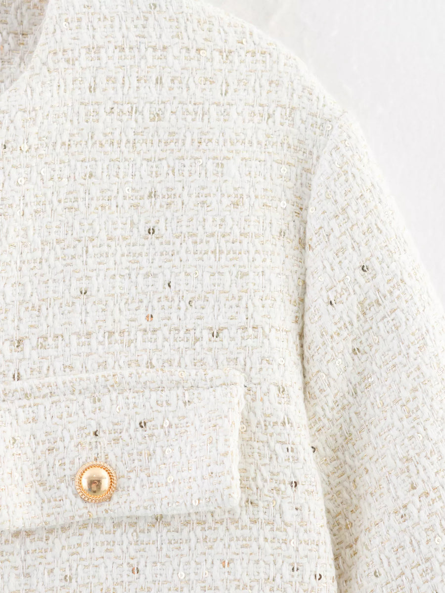 White tweed bolero jacket with gold sequins and button pocket detail