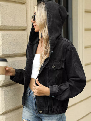 Black hooded denim jacket with chest pockets, button-up closure, and elastic hem