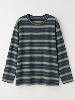 Oversized Striped Crew Neck T-Shirt in navy blue with side slit
