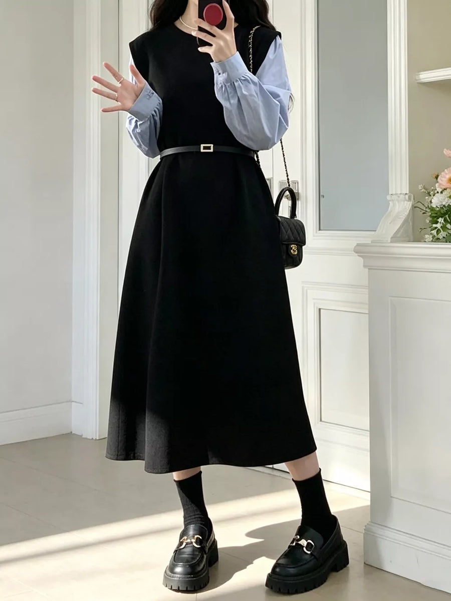 Contrast Sleeve A-line Dress With Belt in this colorway