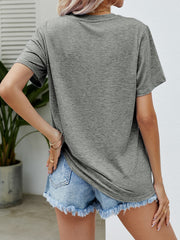 Heather Gray t-shirt with short sleeves and a crew neck, styled with denim shorts.