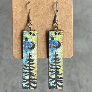 Painted landscape dangle earrings with moon and pine tree design, Style A
