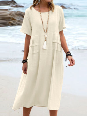 Royal Blue Full Size Casual Linen Blend Midi Dress