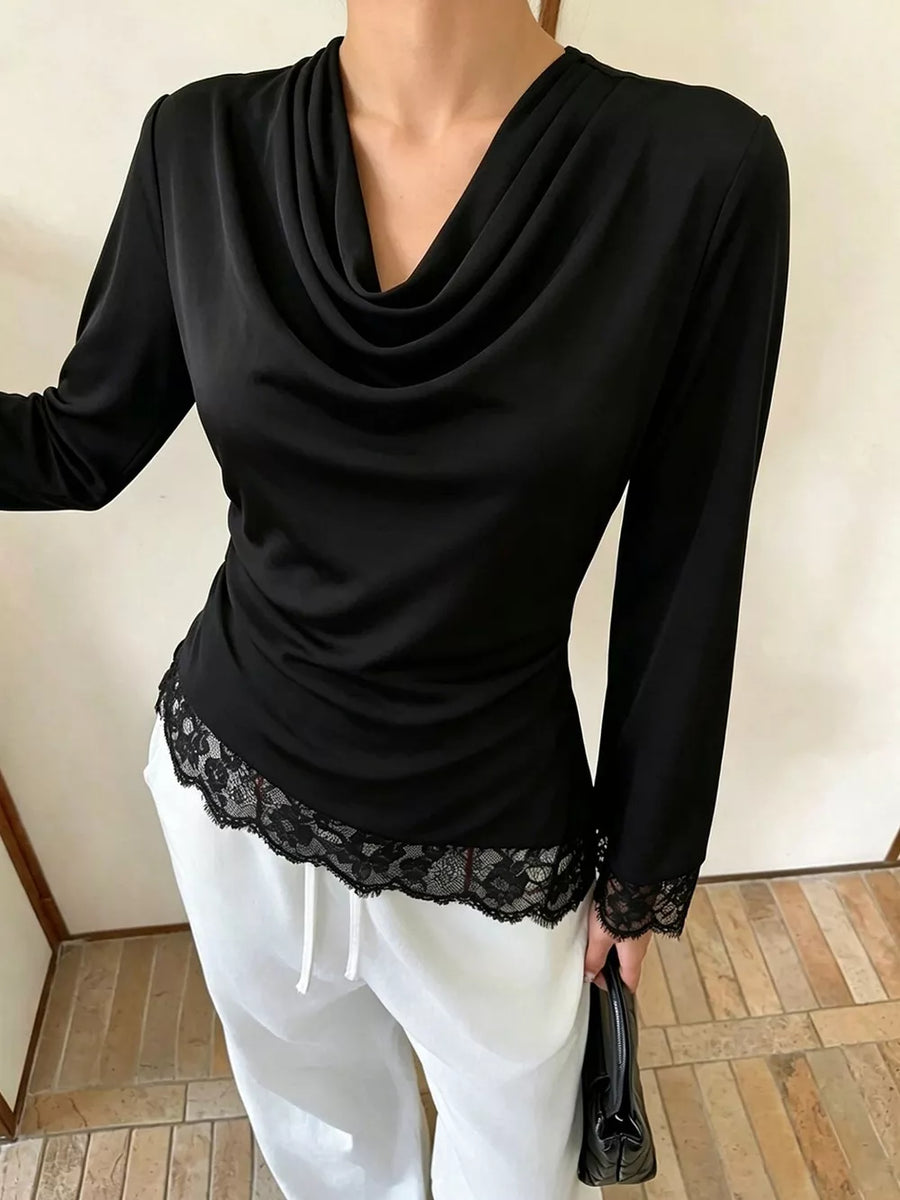 Black with Lace Trim Cowl Neck Blouse
