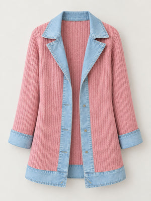 Full Size Denim Trim Ribbed Knit Cardigan in Pink with pocketed