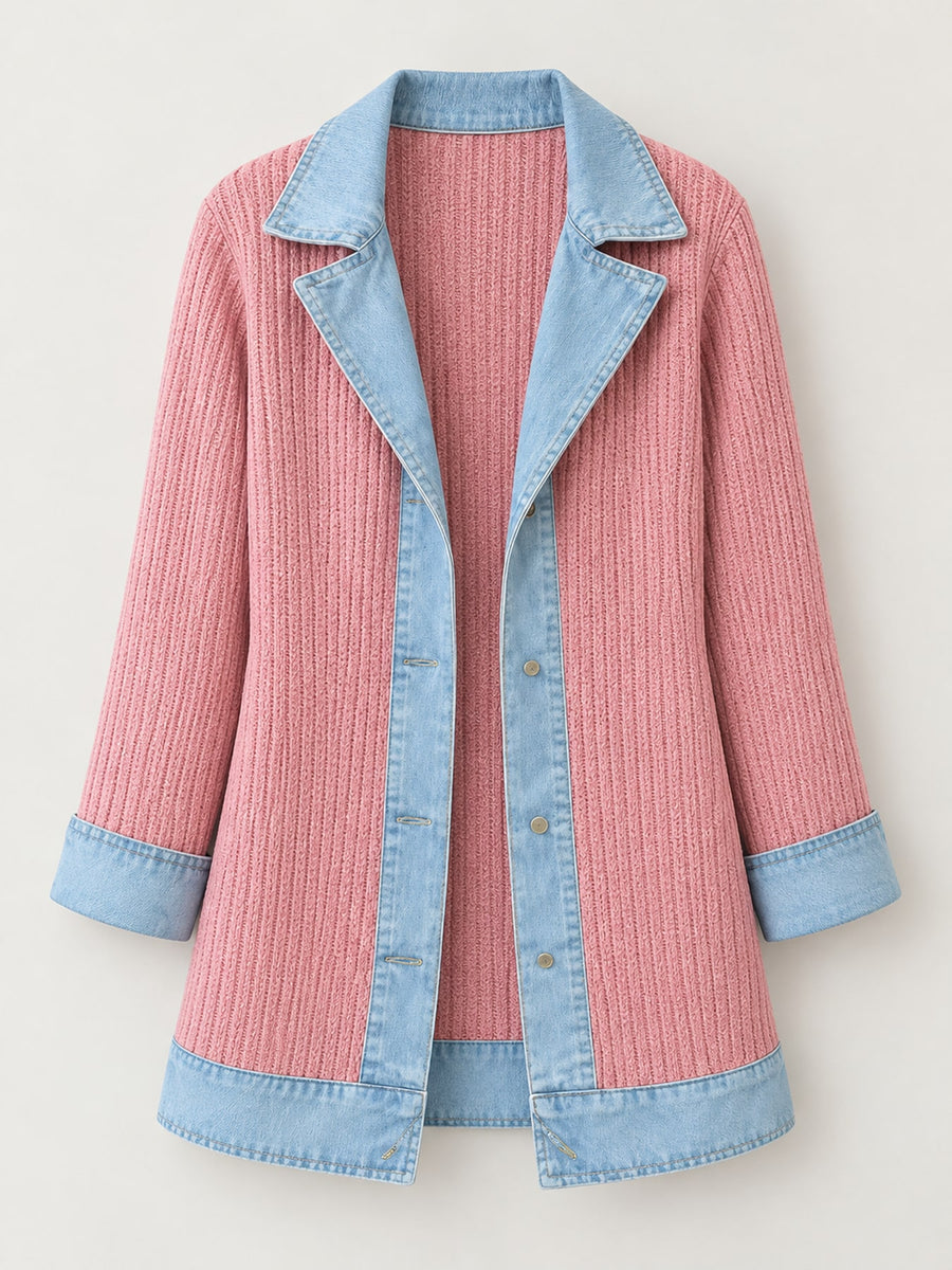 Full Size Denim Trim Ribbed Knit Cardigan in Pink with pocketed