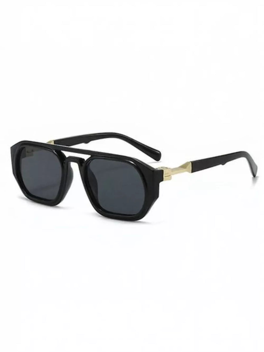 Black modern retro octagon sunglasses with gold accents and dark lenses.