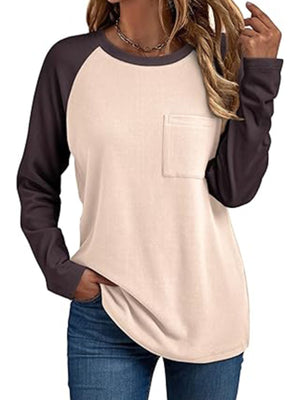 Pocketed round neck long sleeve t-shirt in tan with dark gray sleeves and a chest pocket.