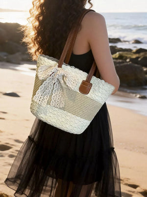Cream White Lace Trimmed Straw Shoulder Bag