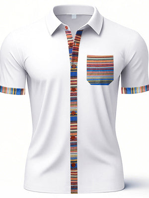 White cotton short sleeve men's shirt with colorful striped trim on placket, pocket, and cuffs.