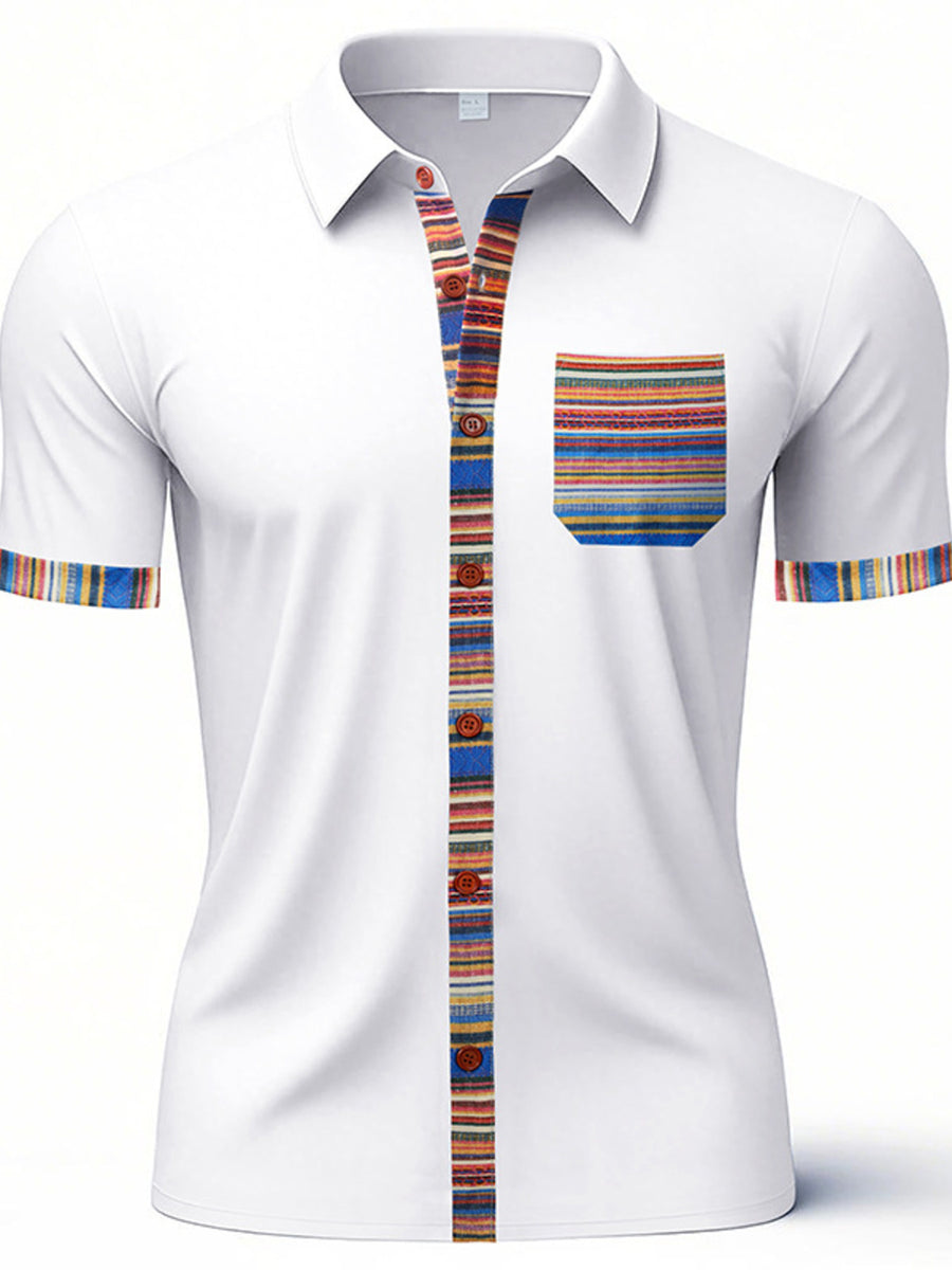 White cotton short sleeve men's shirt with colorful striped trim on placket, pocket, and cuffs.