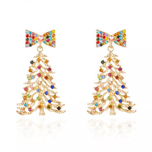 Christmas Tree Bow Drop Earrings 18k Gold-plated in Gold with rhinestone embellishment