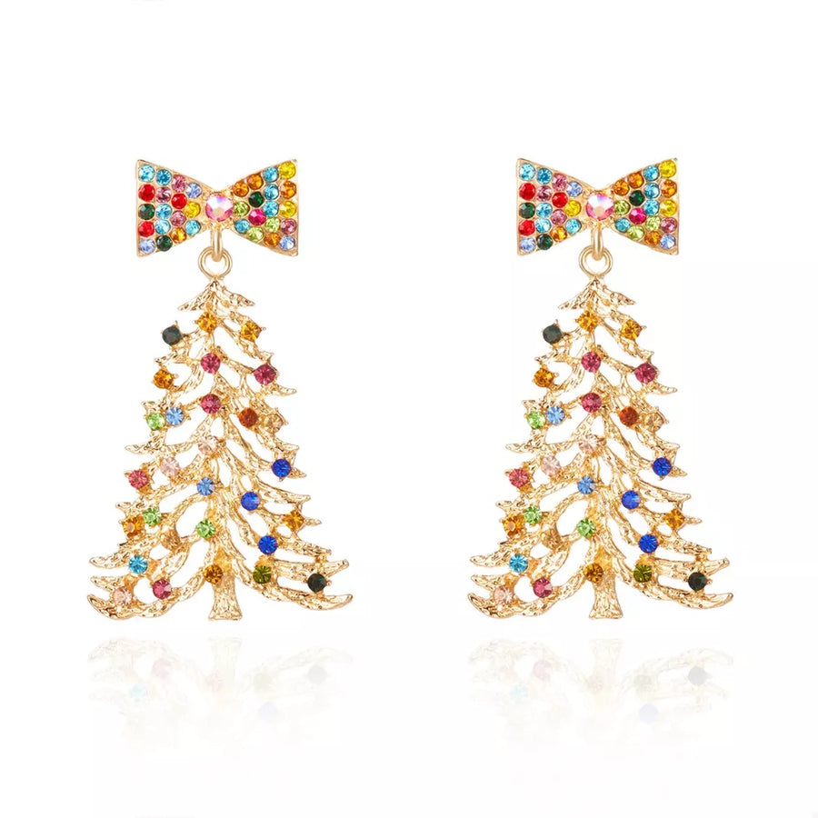 Christmas Tree Bow Drop Earrings 18k Gold-plated in Gold with rhinestone embellishment