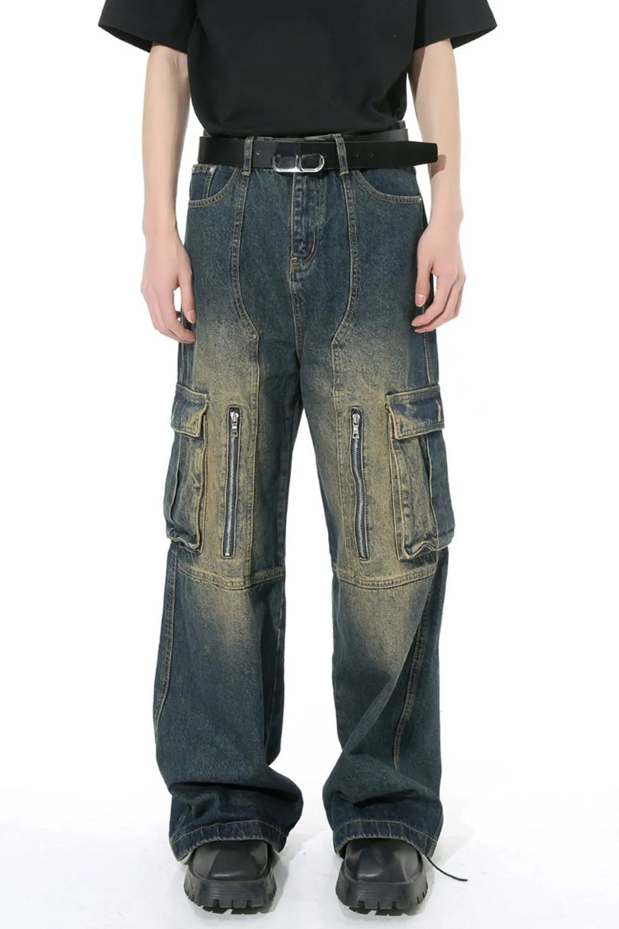 Dark wash distressed wide-leg cargo jeans with zippered pockets and a black belt.