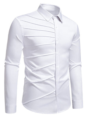 White cotton long sleeve button-up shirt with asymmetrical ruched detailing on the front.