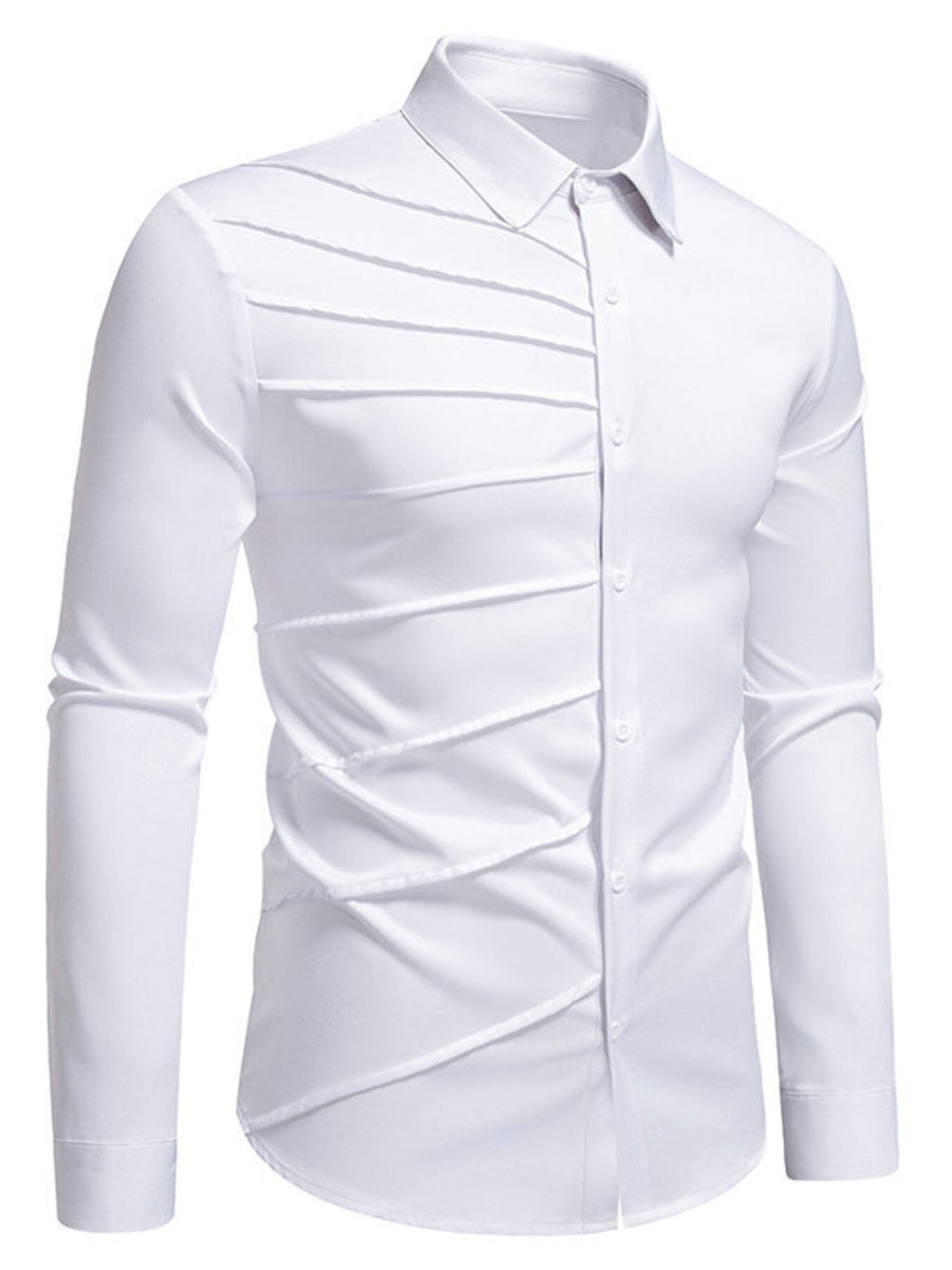 White cotton long sleeve button-up shirt with asymmetrical ruched detailing on the front.