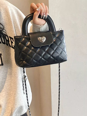 Black with Quilted Heart Lock Crossbody Bag in Black
