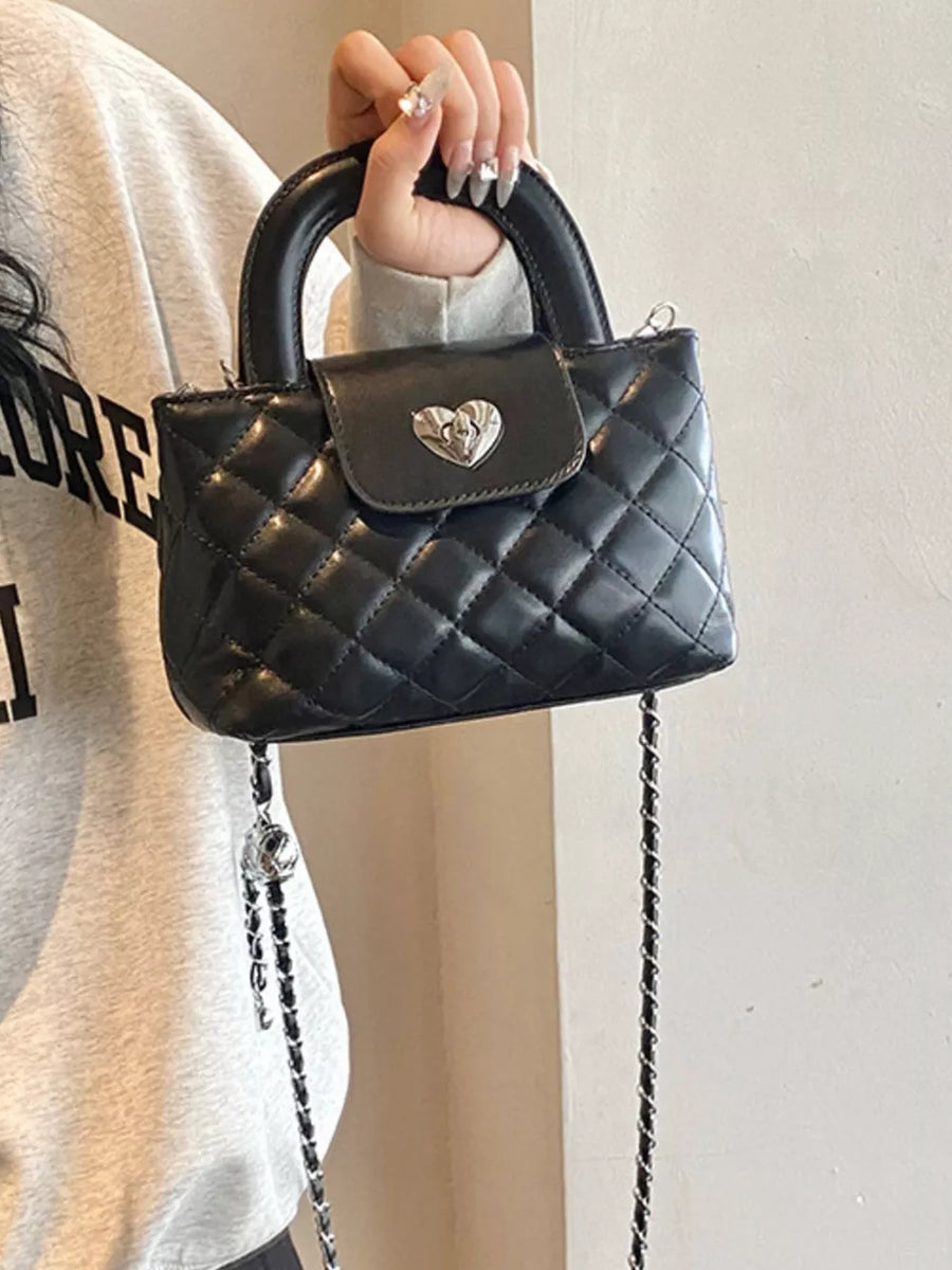 Black with Quilted Heart Lock Crossbody Bag in Black