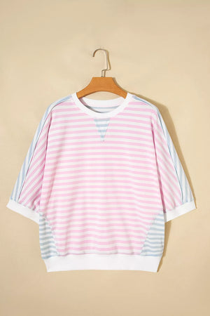 Blush Pink with Casual Stripe Oversize Dolman Sleeve T Shirt