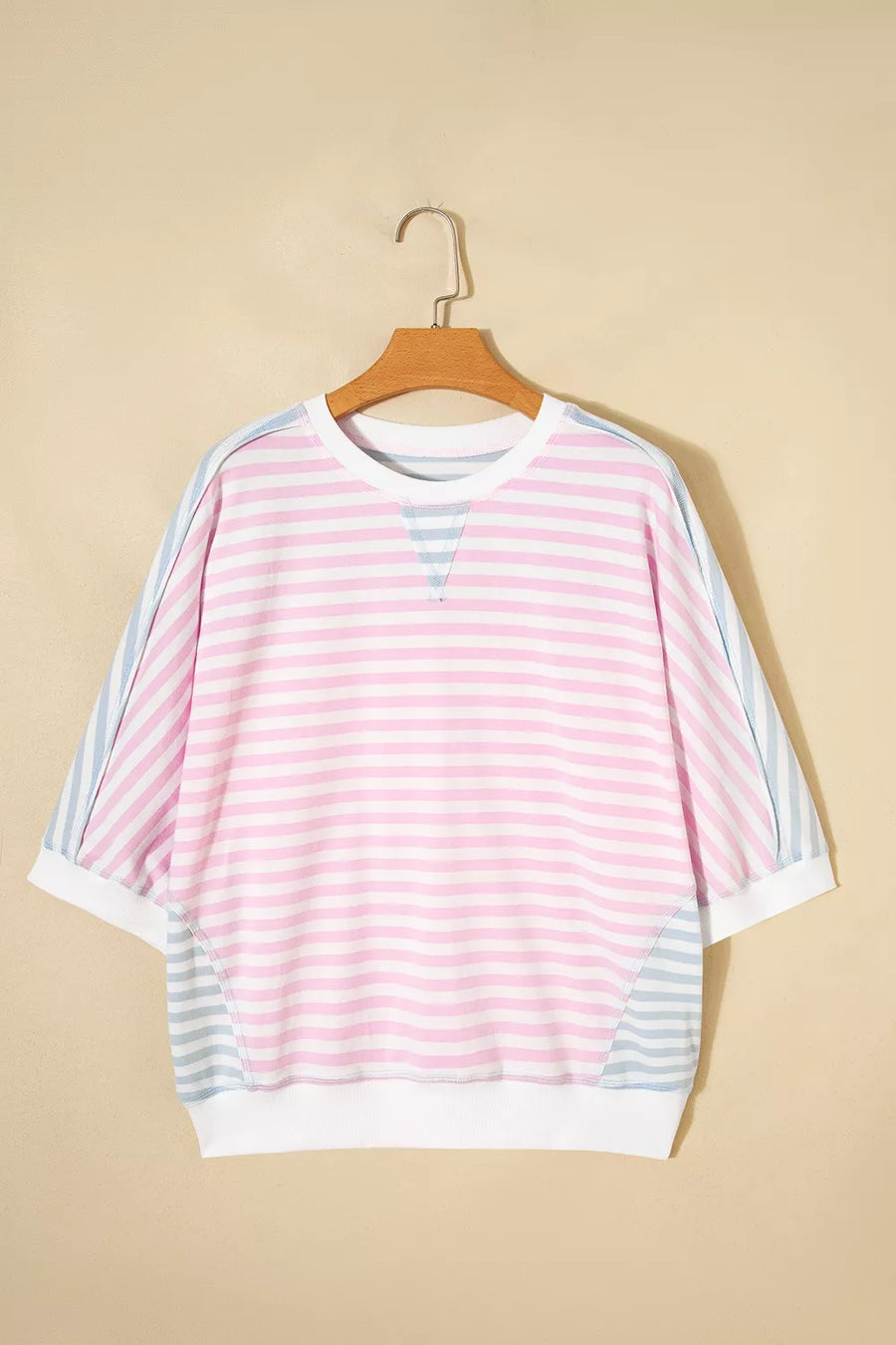 Blush Pink with Casual Stripe Oversize Dolman Sleeve T Shirt