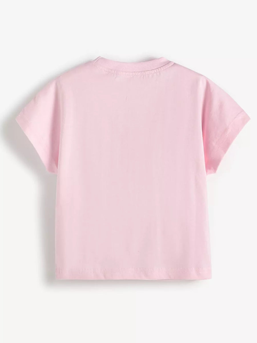 Pink cotton crew neck toddler t-shirt with short sleeves.