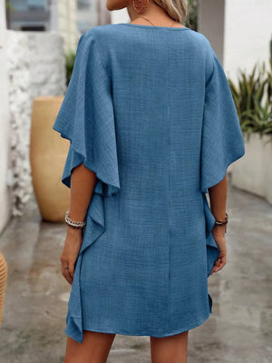 Blue V-neck mini dress with flowy sleeves and ruffled hem detail