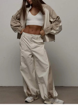 Color Block Zip Up Outerwear And Pants Set in Grey