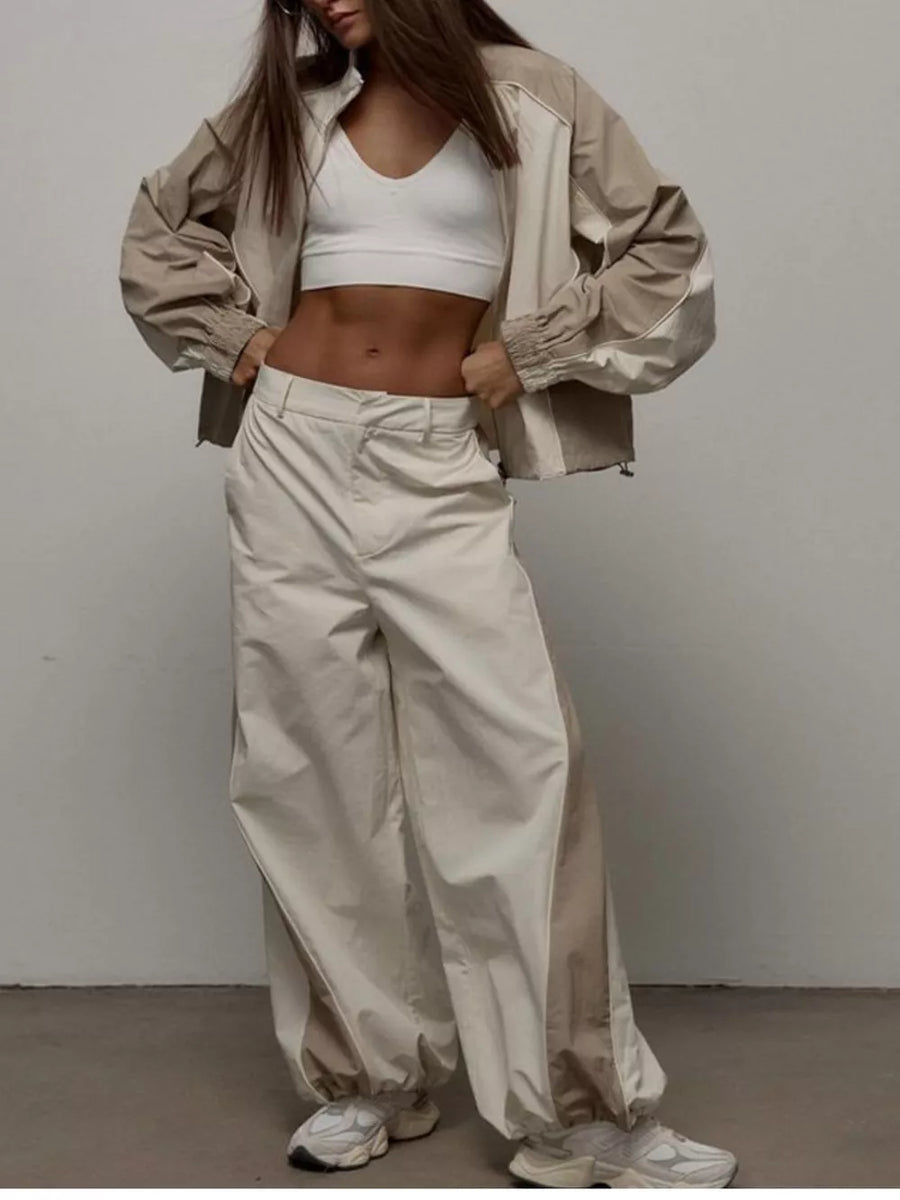 Color Block Zip Up Outerwear And Pants Set in Grey