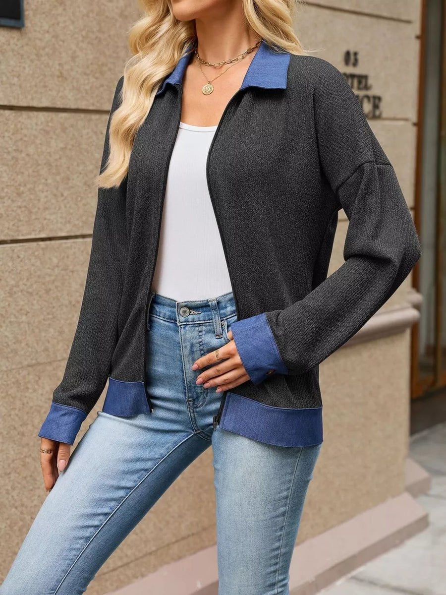 Green regular zip-up sweater with collared