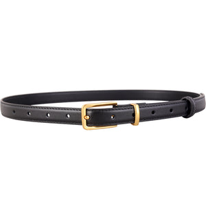Black cowhide leather skinny belt with gold buckle and adjustable holes.