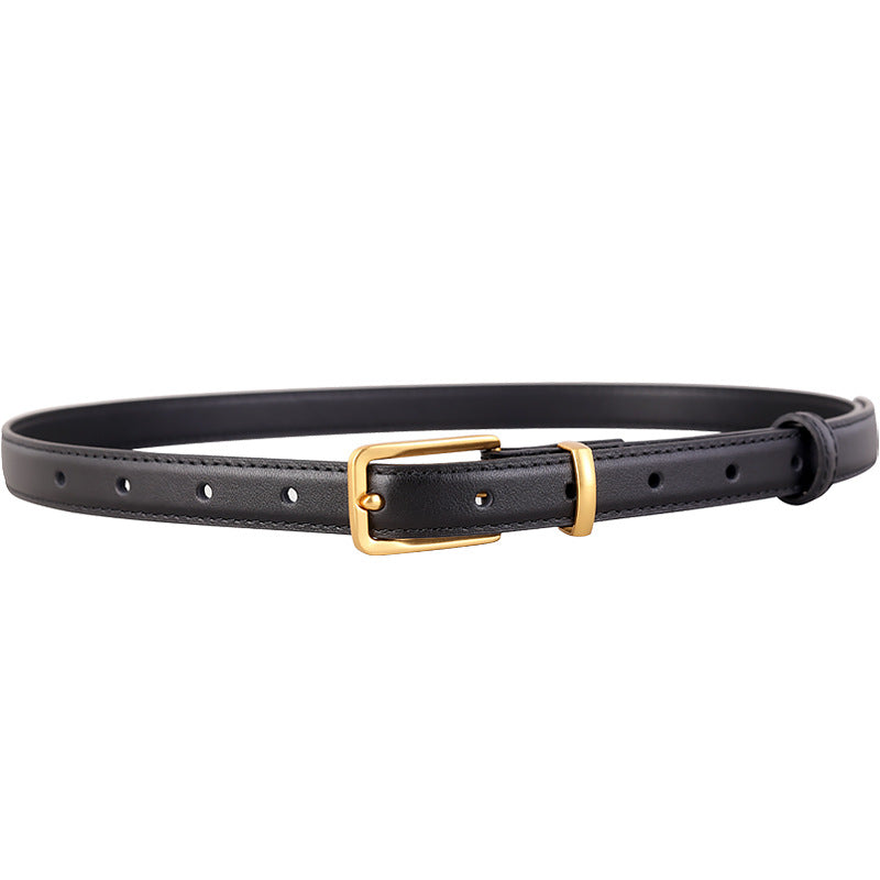 Black cowhide leather skinny belt with gold buckle and adjustable holes.