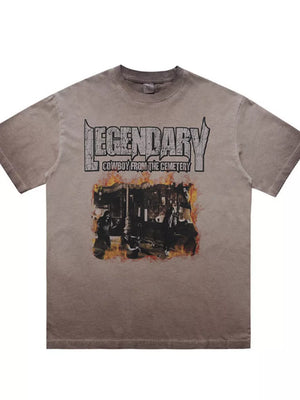 Khaki cotton blend t-shirt with bold cowboy graphic and distressed lettering.