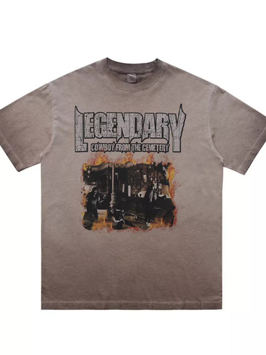 Khaki cotton blend t-shirt with bold cowboy graphic and distressed lettering.