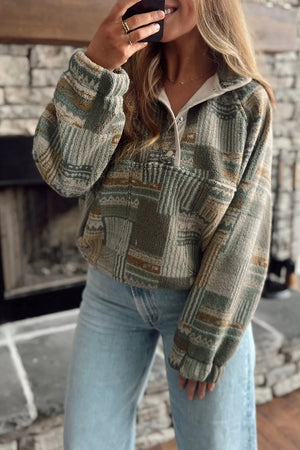 Western Print Fleece Long Sleeve Sweatshirt in Moss