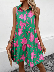 Green with Sleeveless Floral Print Tiered Shirt Dress