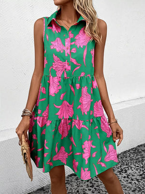 Green with Sleeveless Floral Print Tiered Shirt Dress